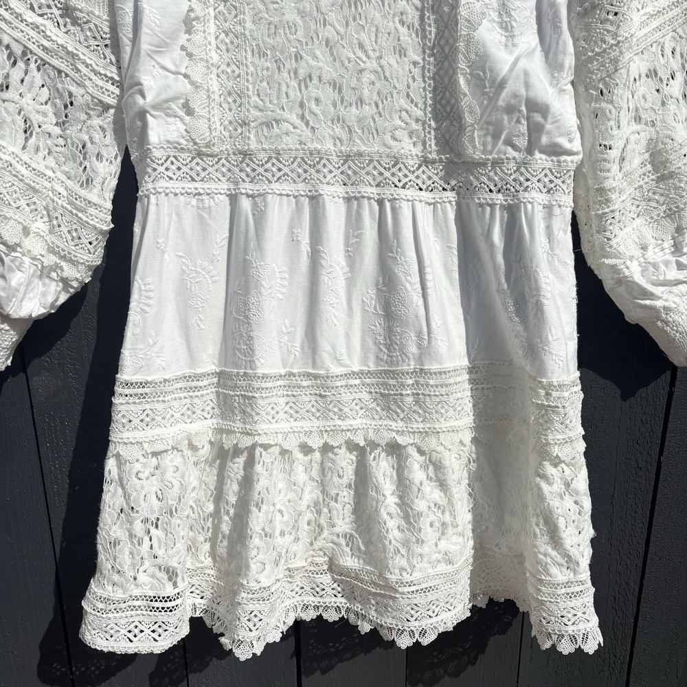 Alice + Olivia Cailin Tunic Tiered Mini Dress L Cottage Boho Lace Embroidered - Picture 7 of 9